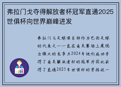 弗拉门戈夺得解放者杯冠军直通2025世俱杯向世界巅峰进发 弗拉门戈夺得解放者杯冠军直通2025世俱杯向世界巅峰进发